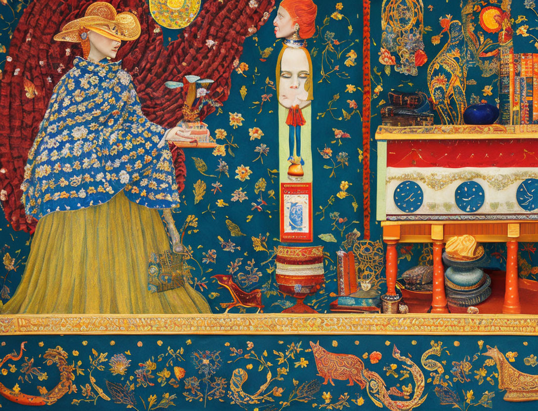 Period-dressed woman with mask and luxurious objects on table against tapestry background