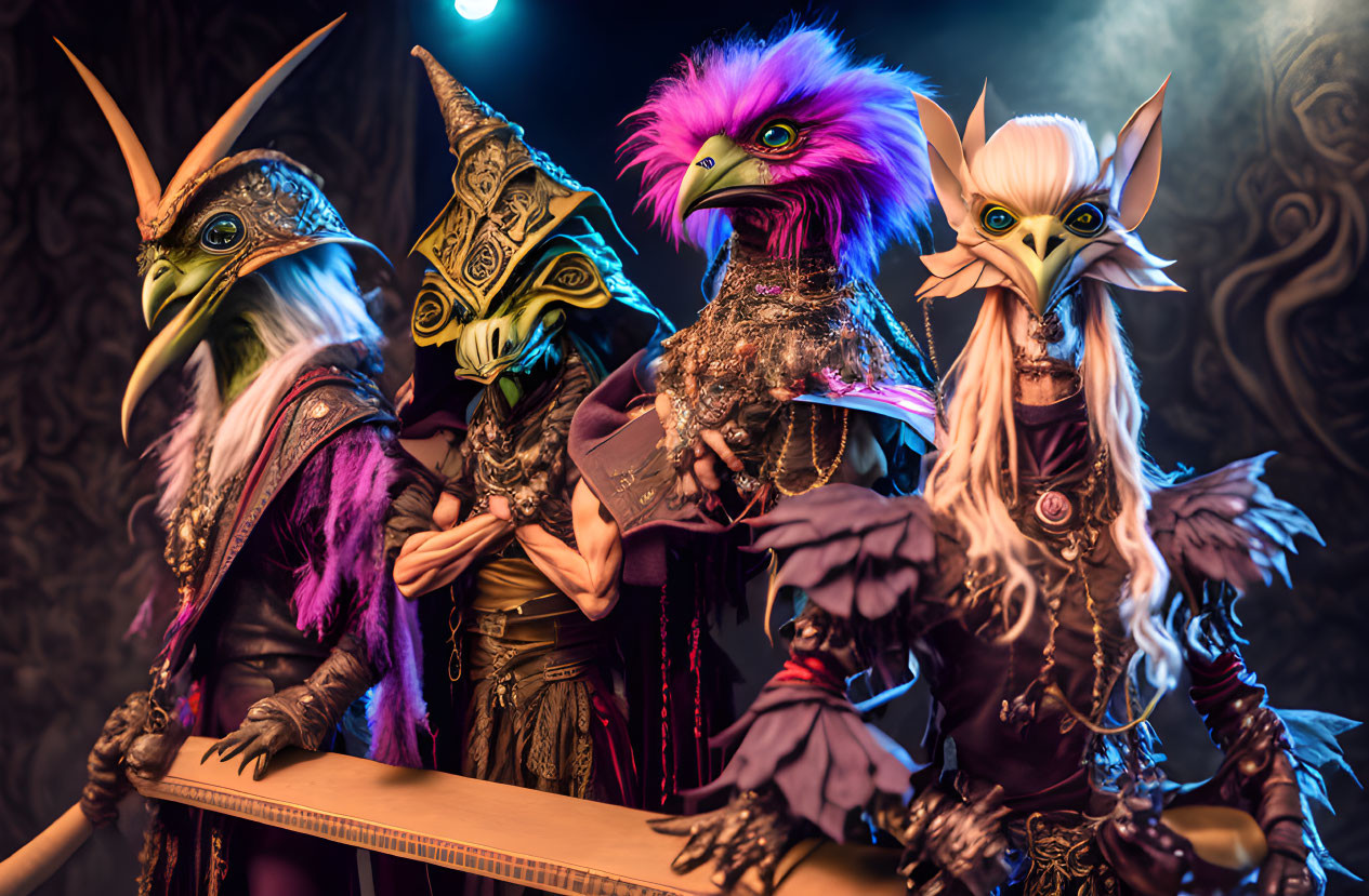 Three individuals in elaborate bird masks and costumes with vibrant feathers and ornate details pose dramatically