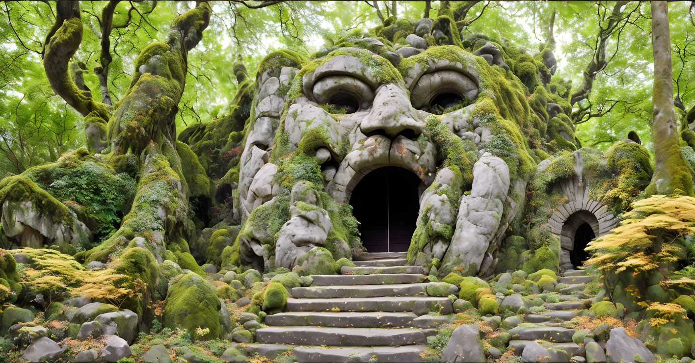 Mystical forest with elaborate face carved into moss-covered hillside