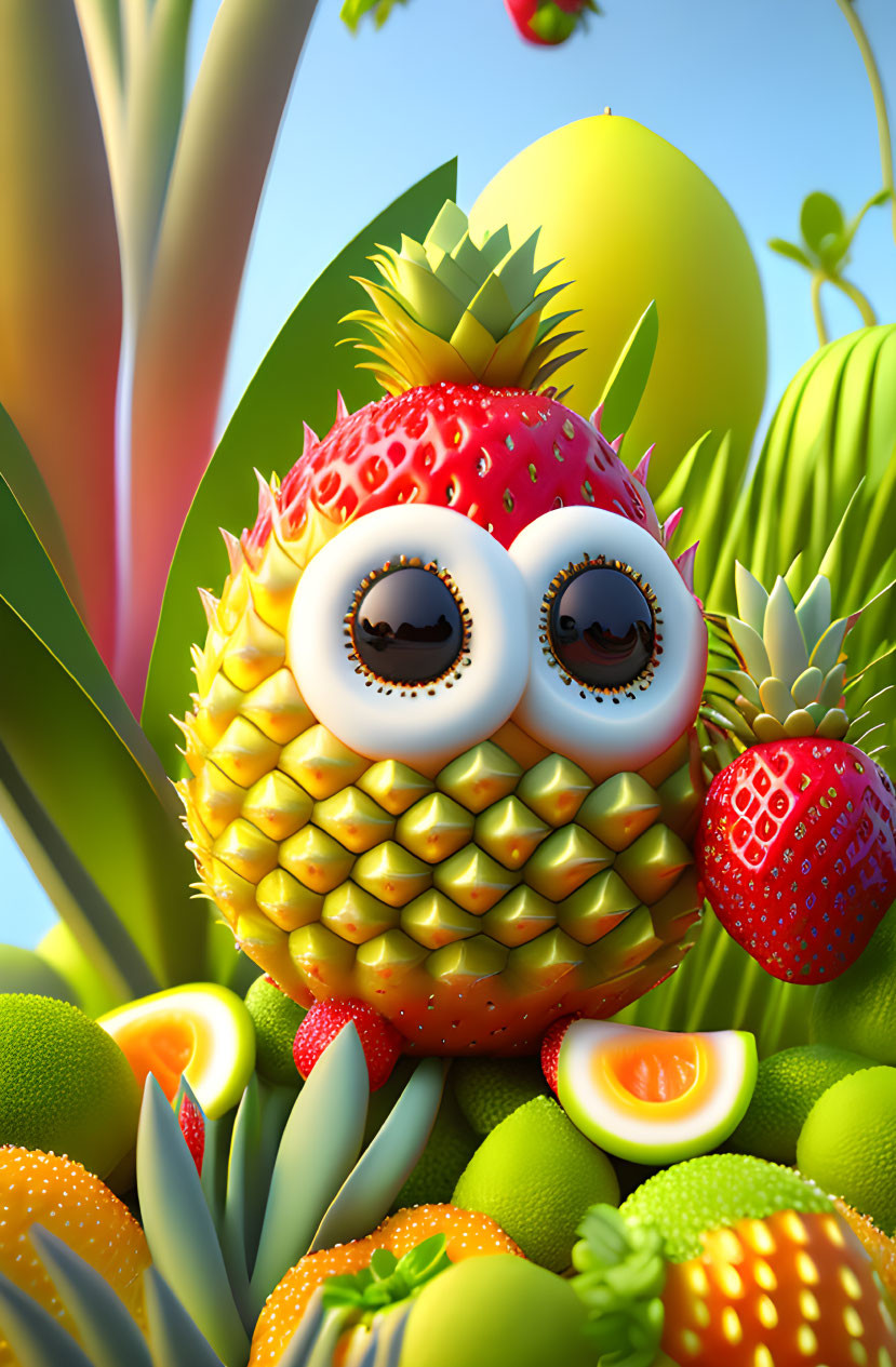 Colorful Cartoon Pineapple Character Among Vibrant Tropical Fruits