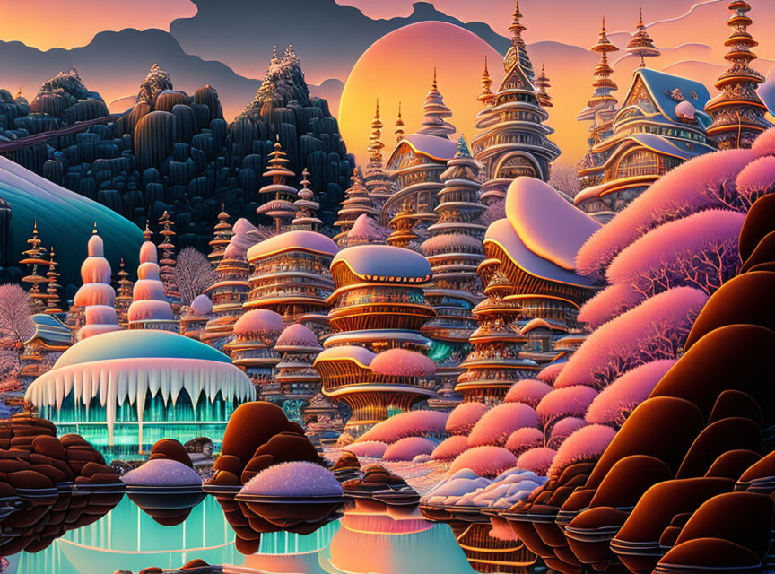 Colorful Asian-style Pagodas in Twilight Landscape