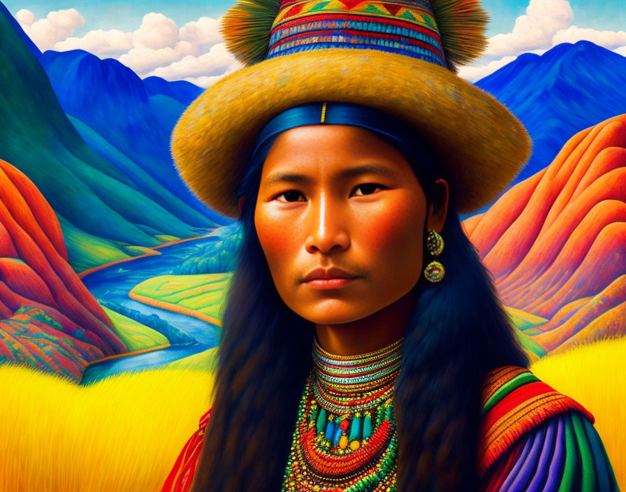 Colorful Andean Woman Portrait with Mountain Backdrop