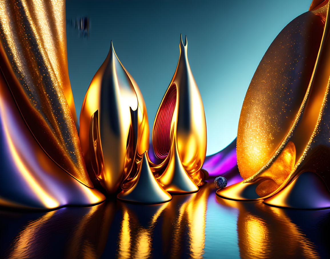 Golden fluid shapes on rich blue background: Abstract 3D art with reflective surfaces