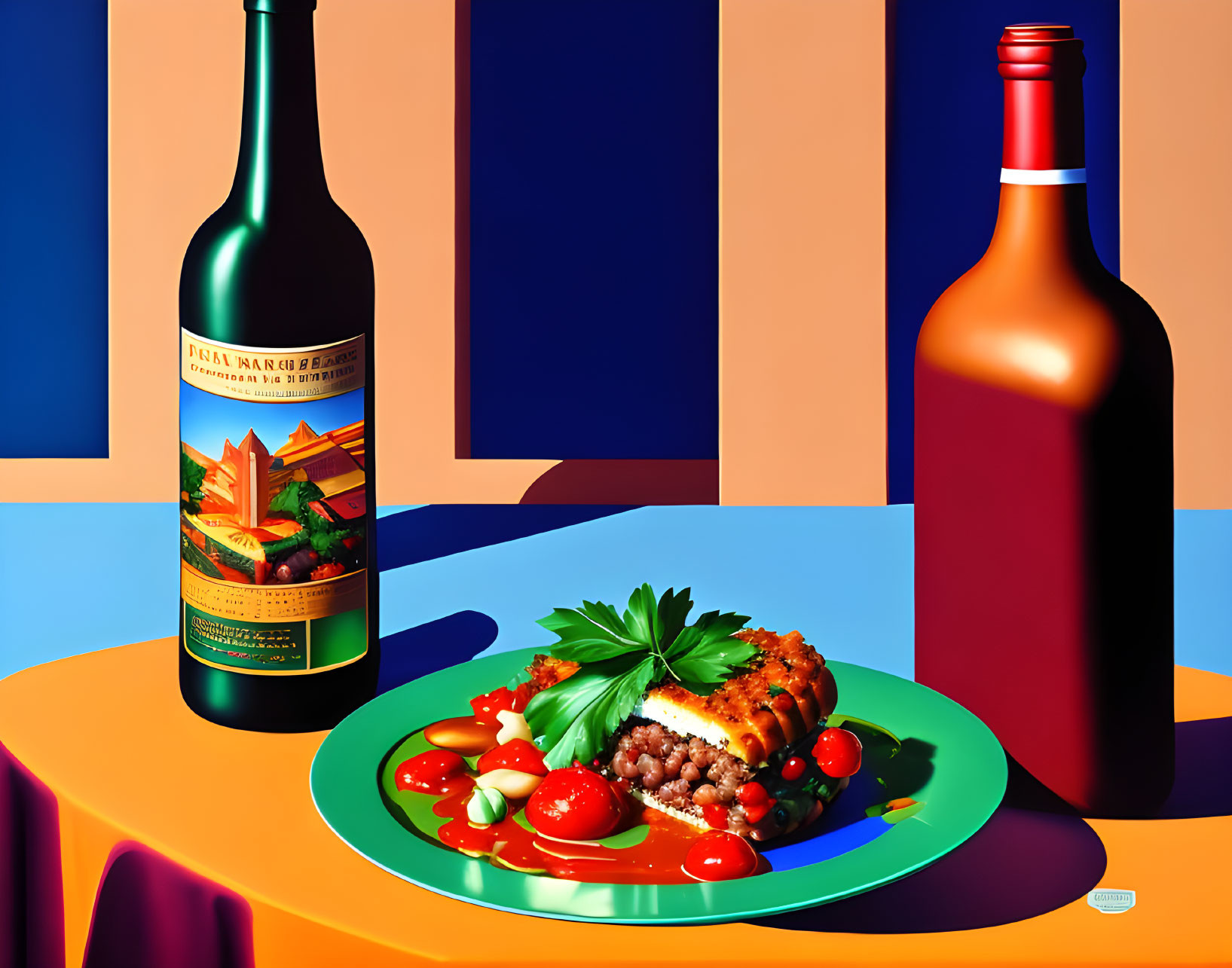 Colorful Food and Wine Still Life Illustration on Geometric Background