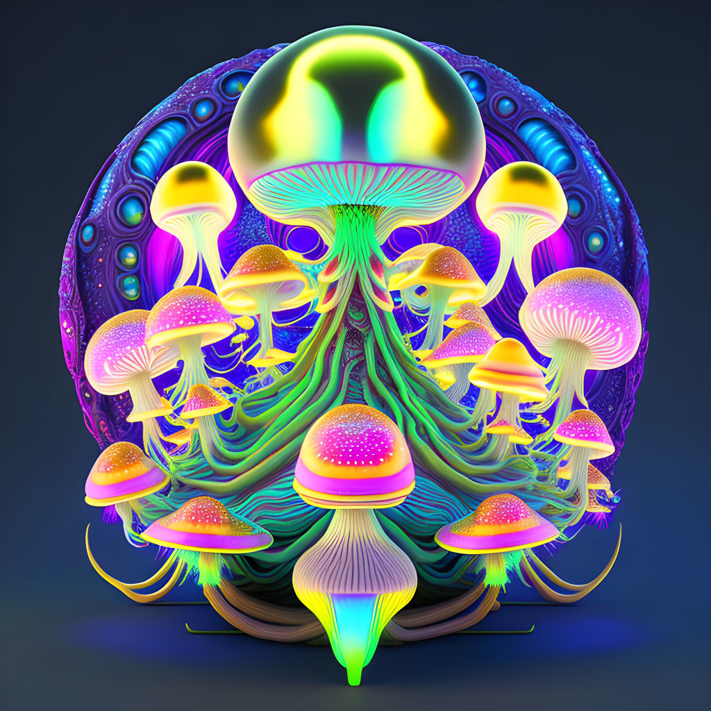 Neon-colored jellyfish in surreal underwater scene