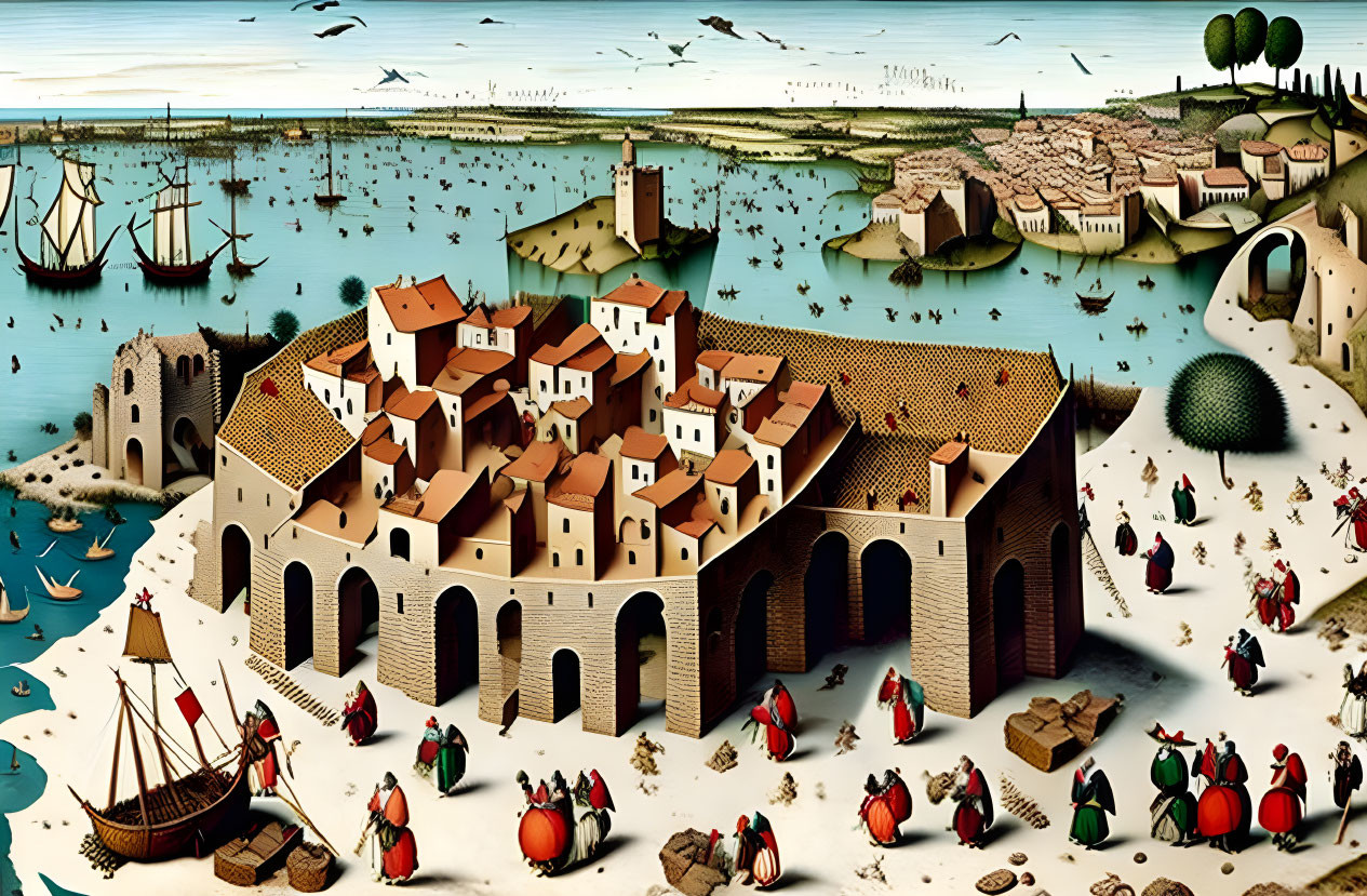 Renaissance-style painting of a coastal village with ships and landscapes