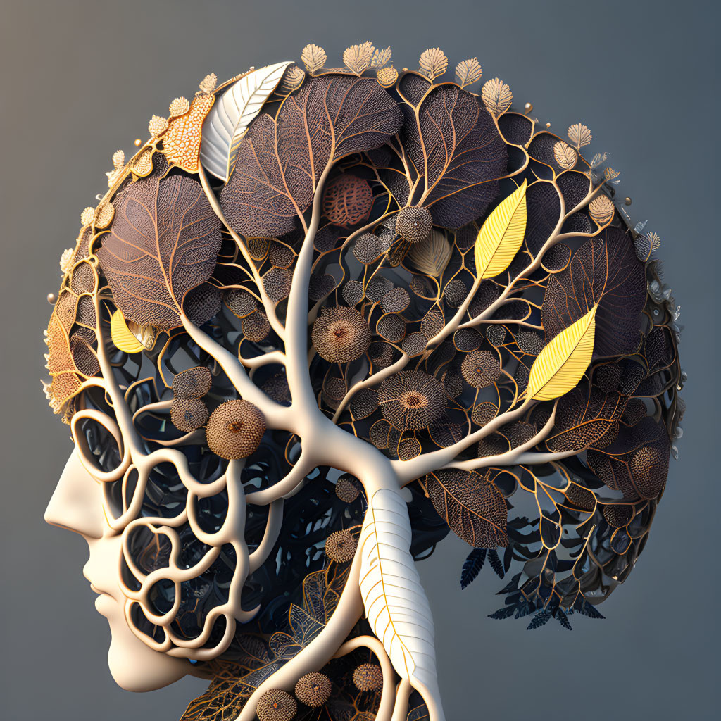 Human head transformed into tree with branches and leaves symbolizing growth concept