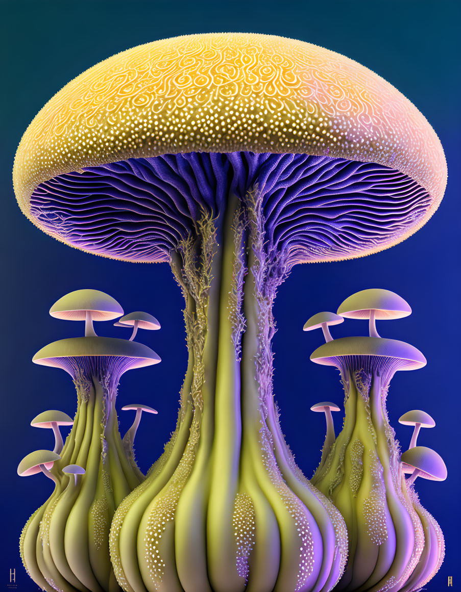 Stylized bioluminescent mushroom digital art with intricate patterns