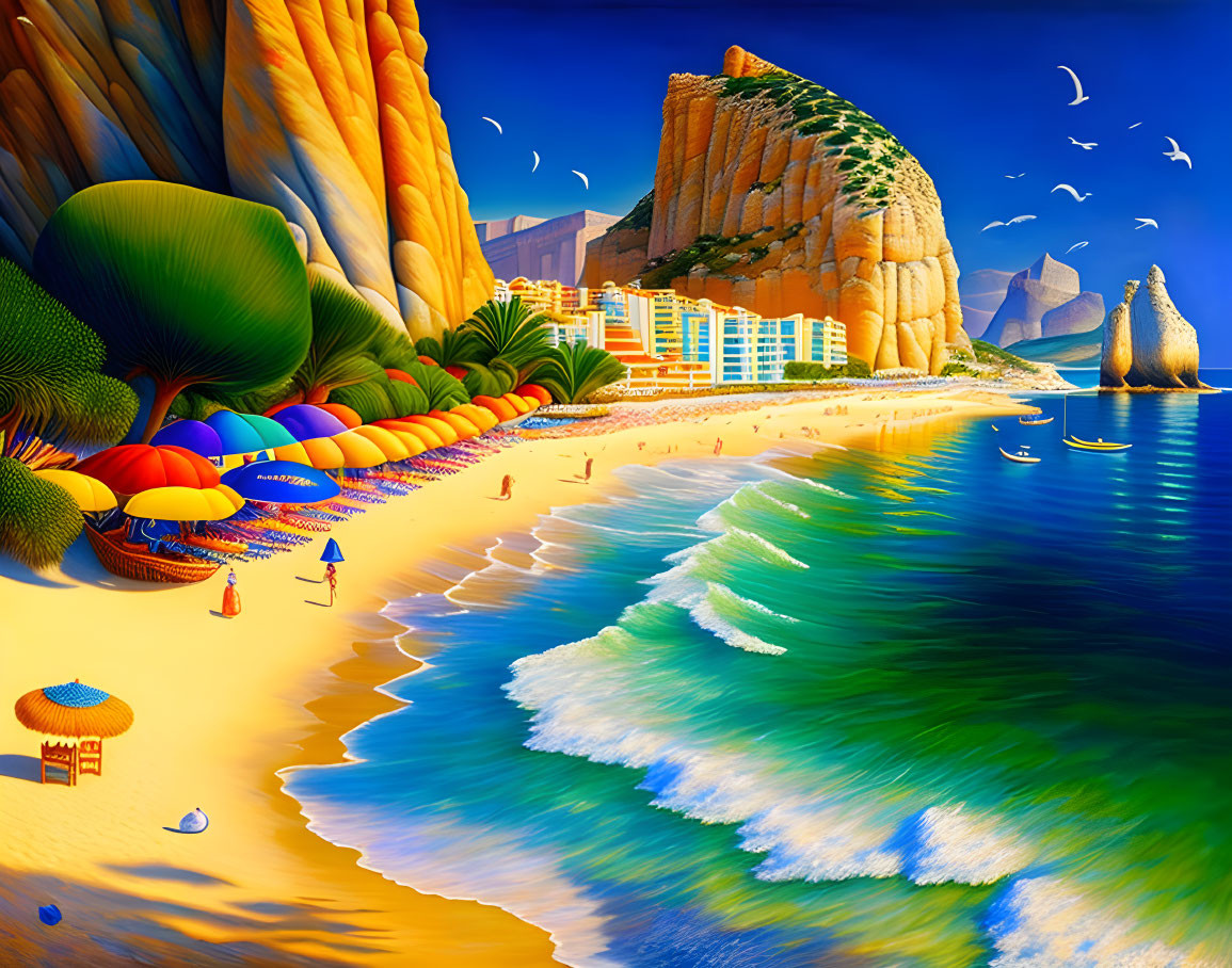 Colorful Beach Scene with Umbrellas, Cliffs, Calm Sea, and Birds