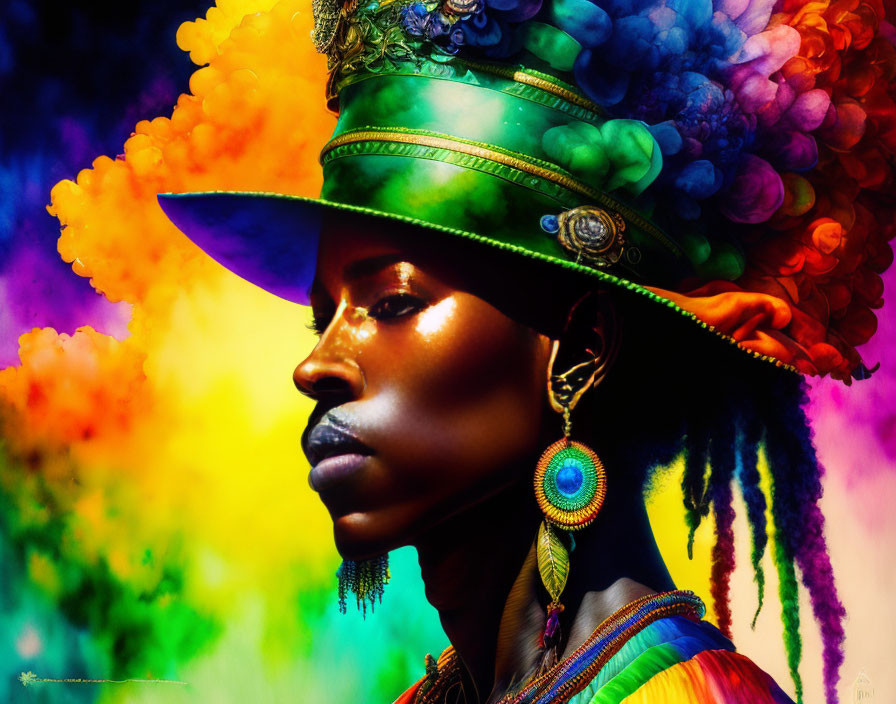 Colorful portrait with smoke-like background and green hat, elaborate earrings, multicolored attire