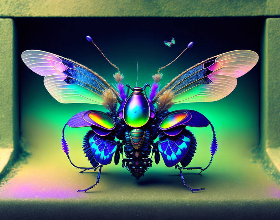 Digital Artwork: Mechanical Insect with Iridescent Wings on Neon Background