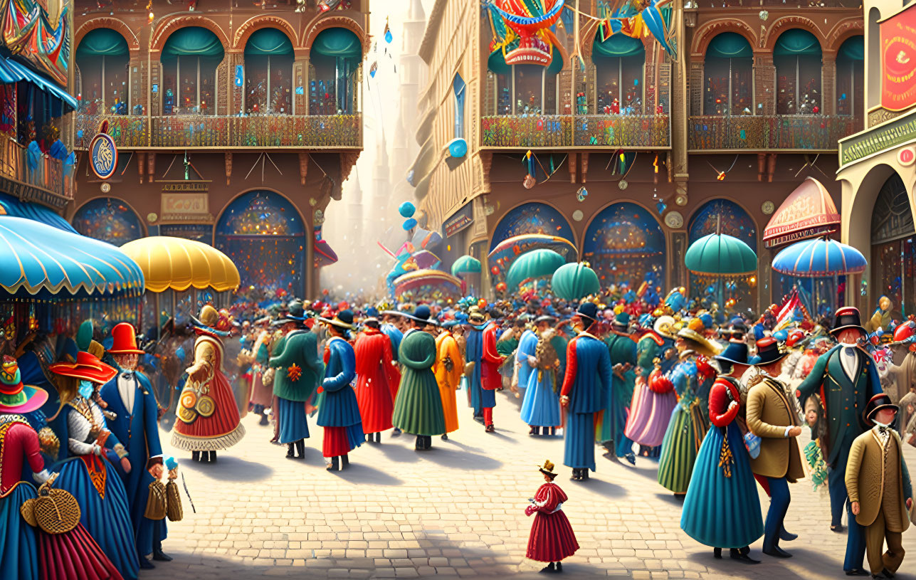 Colorful festival scene with people, balloons, and ornate buildings