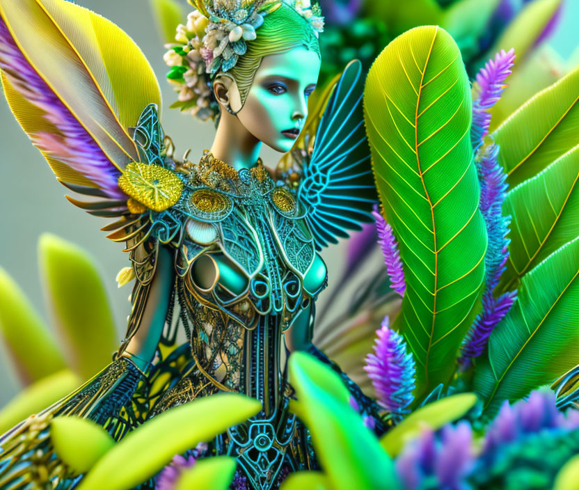 Vibrant 3D fantasy fairy illustration with ornate wings and foliage