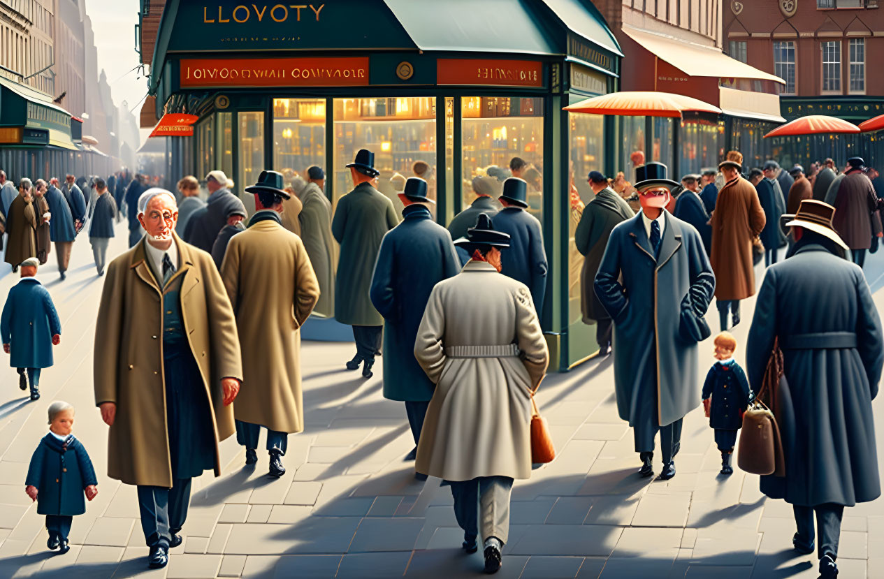 Vintage City Street Scene with Well-Dressed People and Shops Signage