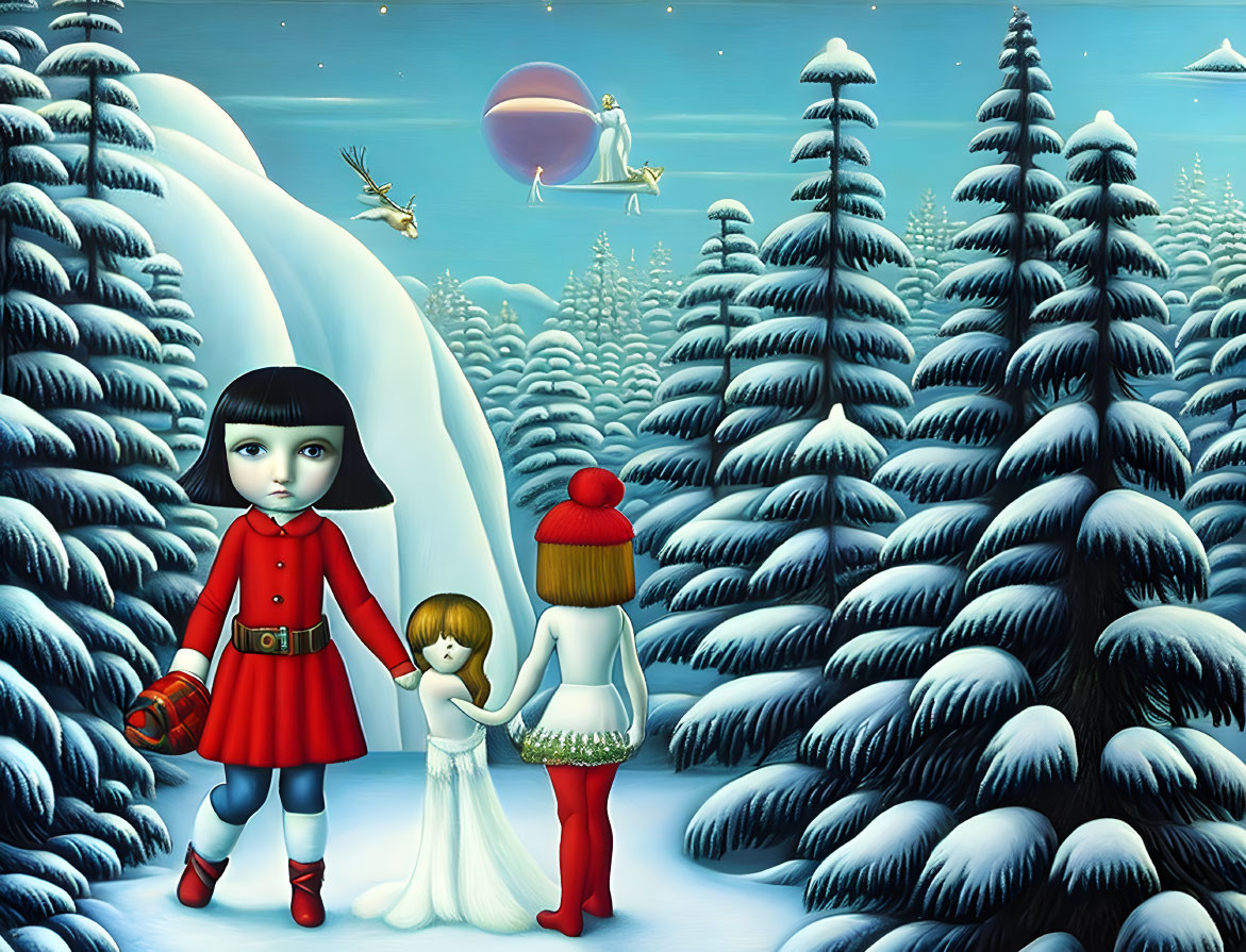 Illustrated girls in snowy forest with Santa's sleigh and planet.