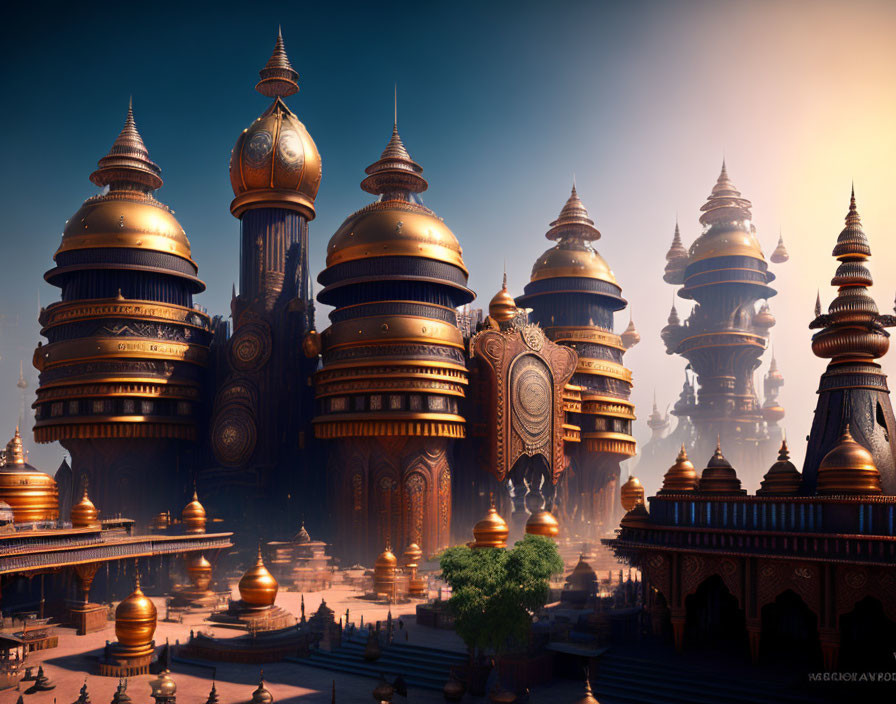 Fantastical cityscape with golden-domed towers at dawn or dusk