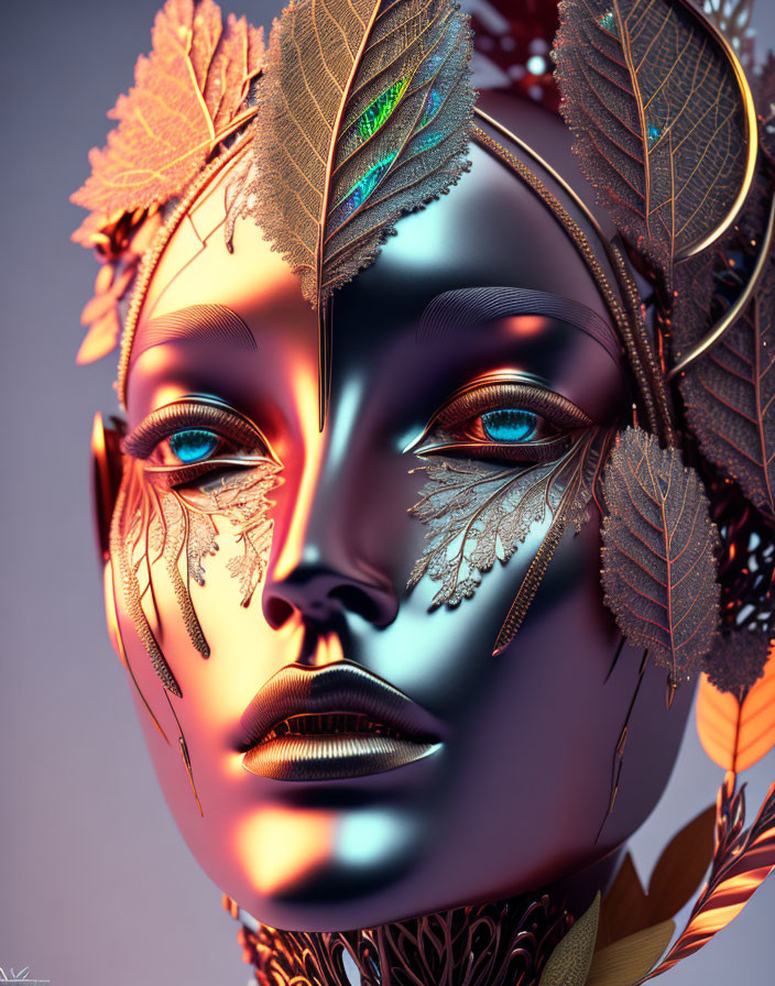 Digital artwork: humanoid face with metallic skin, golden leaf patterns, vibrant blue eyes.