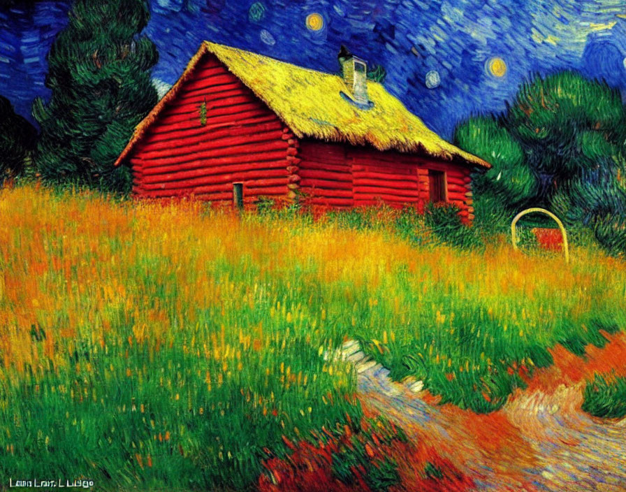 Colorful painting of red cabin in wildflower field under starry sky