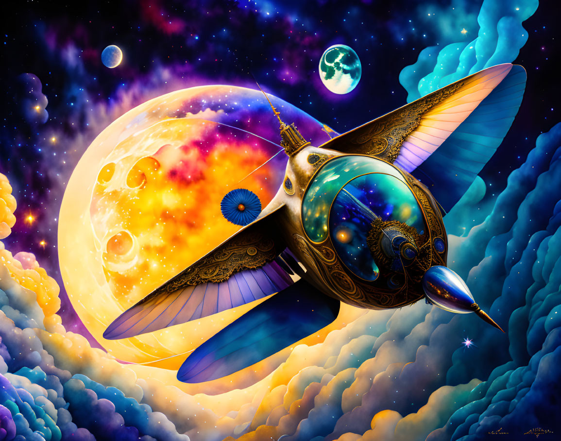 Colorful digital artwork: Whimsical winged spacecraft in cosmic landscape