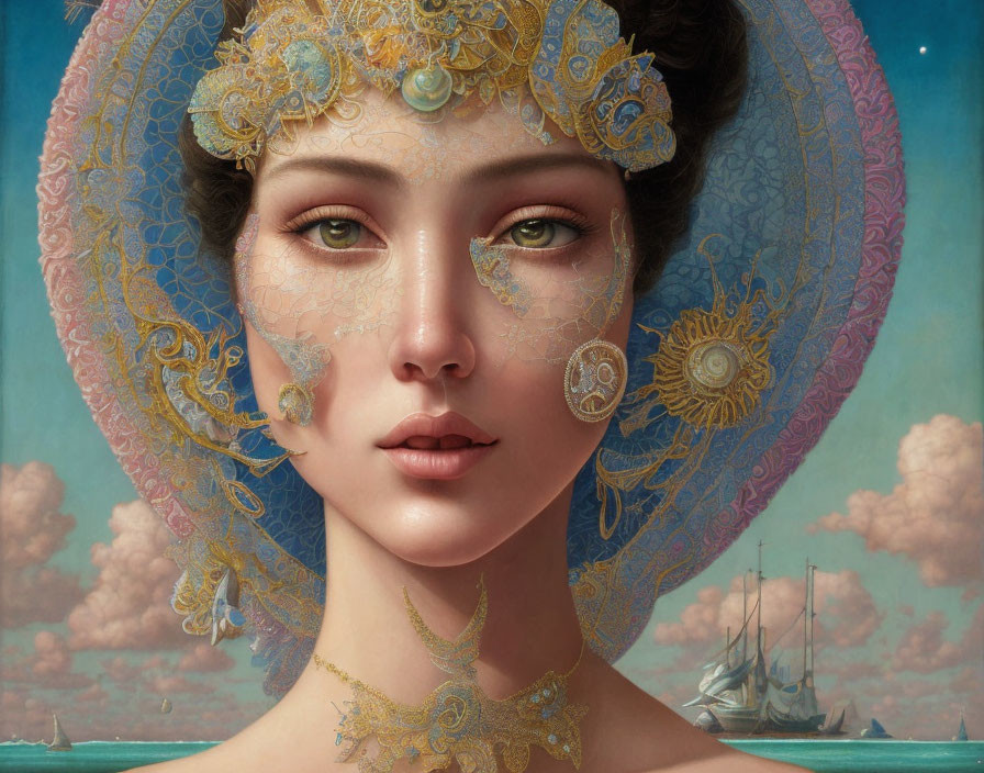 Digital artwork featuring woman with golden lace headwear against cloudy sky with sailing ship.