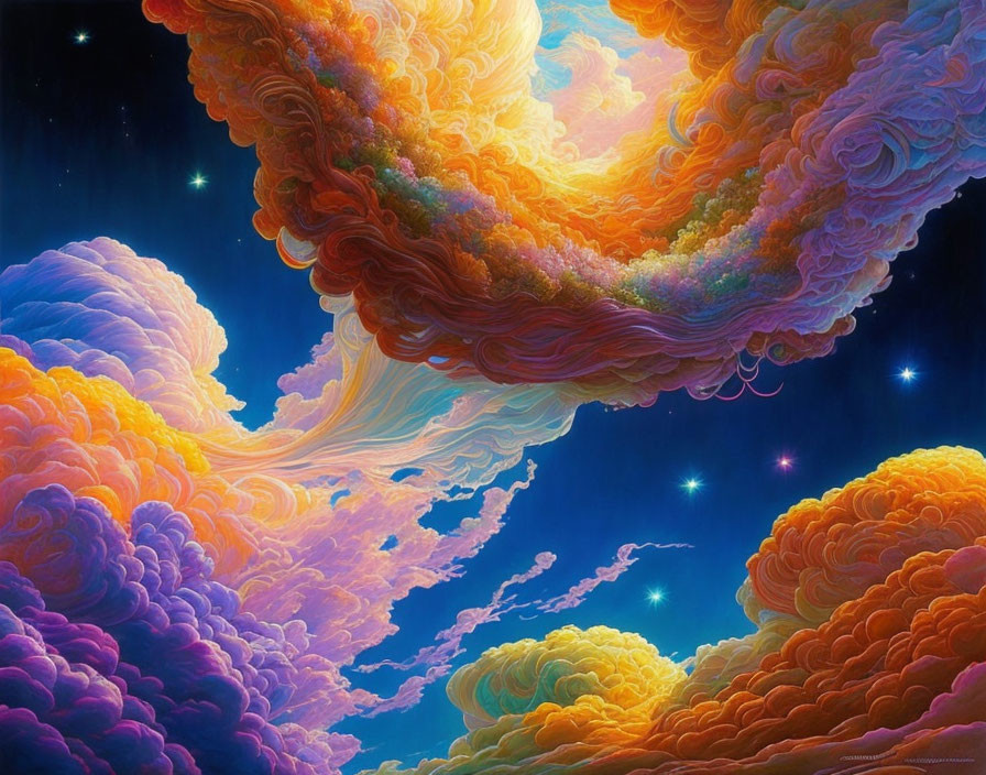 Colorful Swirling Clouds in Starry Sky: Surreal and Vibrant Atmosphere