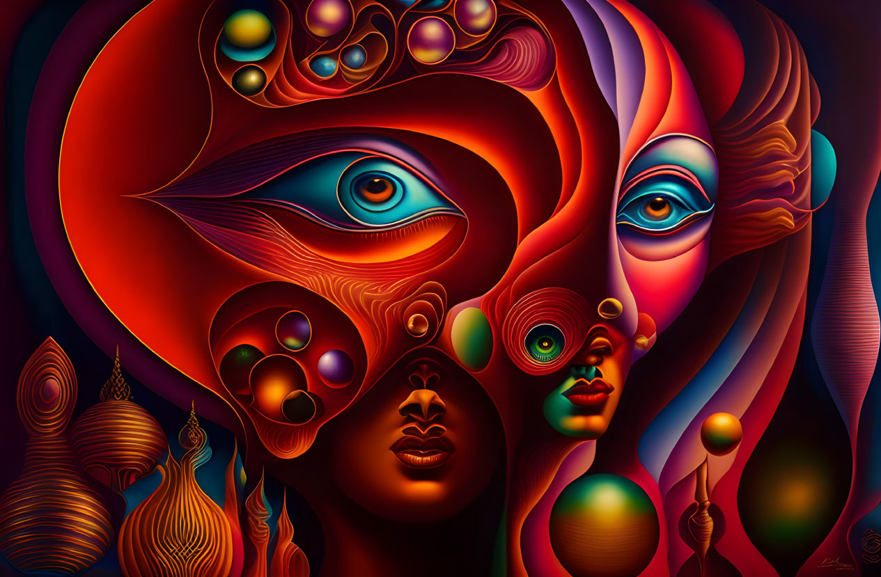 Abstract Surrealistic Artwork: Interconnected Faces in Vibrant Reds and Blues