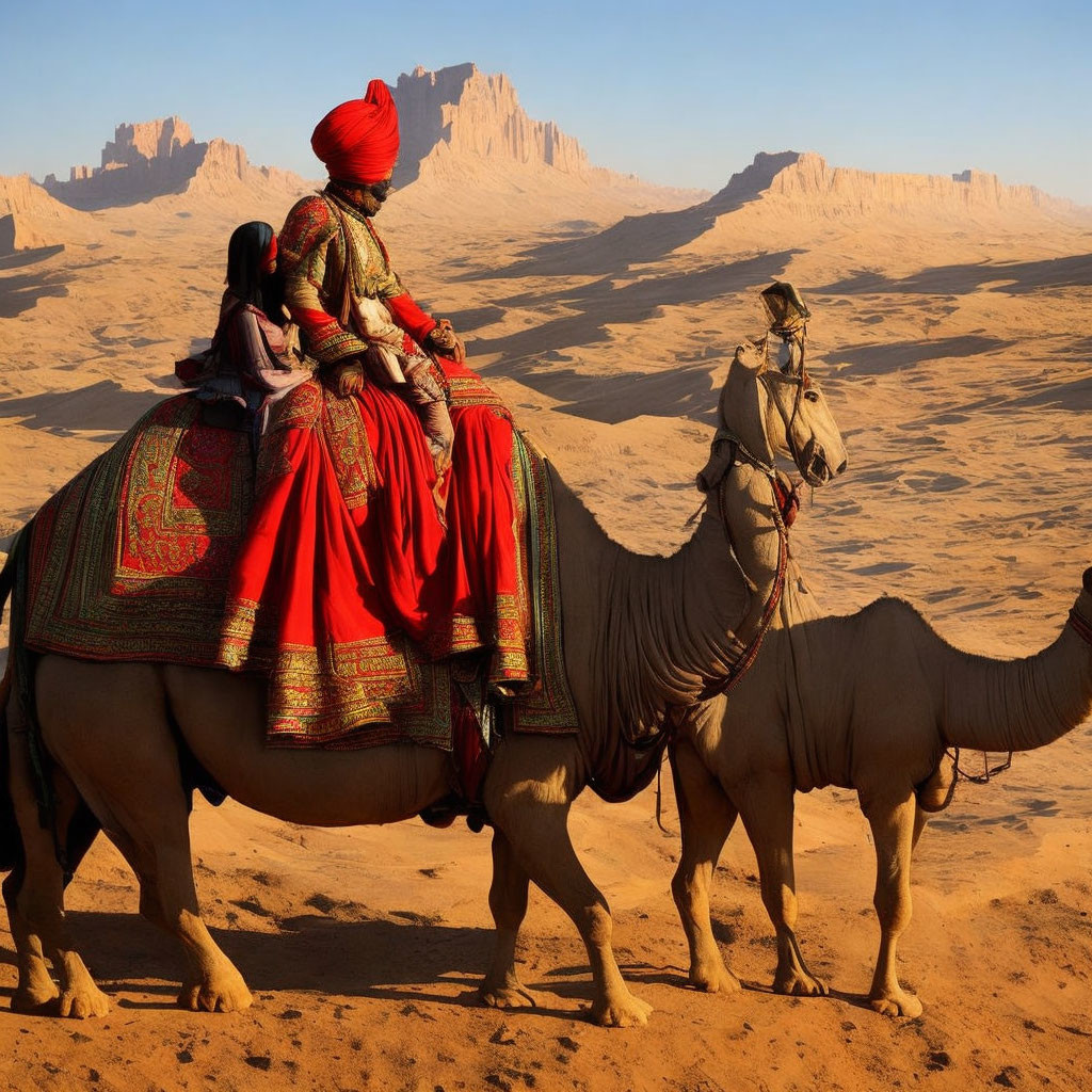 Traditional desert scene: person on camel with guide in rocky landscape