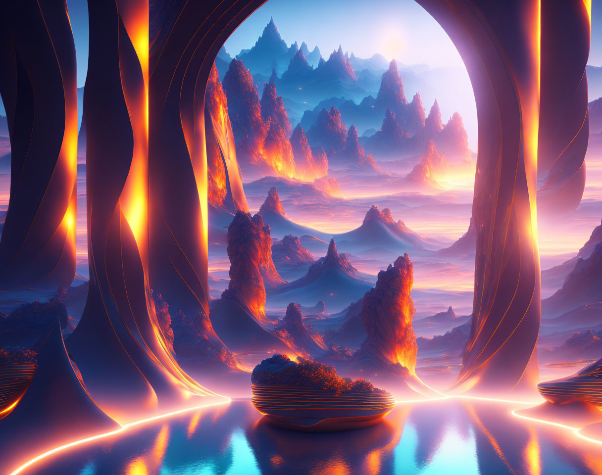 Surreal landscape with glowing lava rivers, arches, and mountain peaks