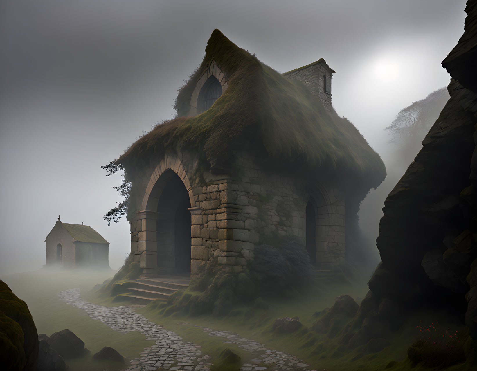 Foggy scene with two old stone cottages and cobblestone path