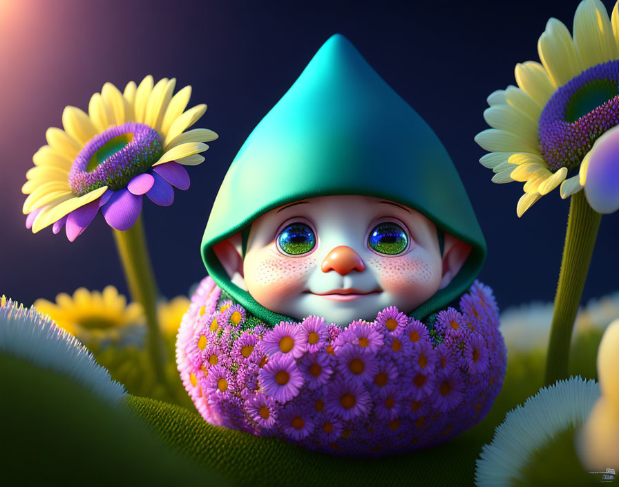 Blue-Hat Animated Character Surrounded by Daisies at Twilight