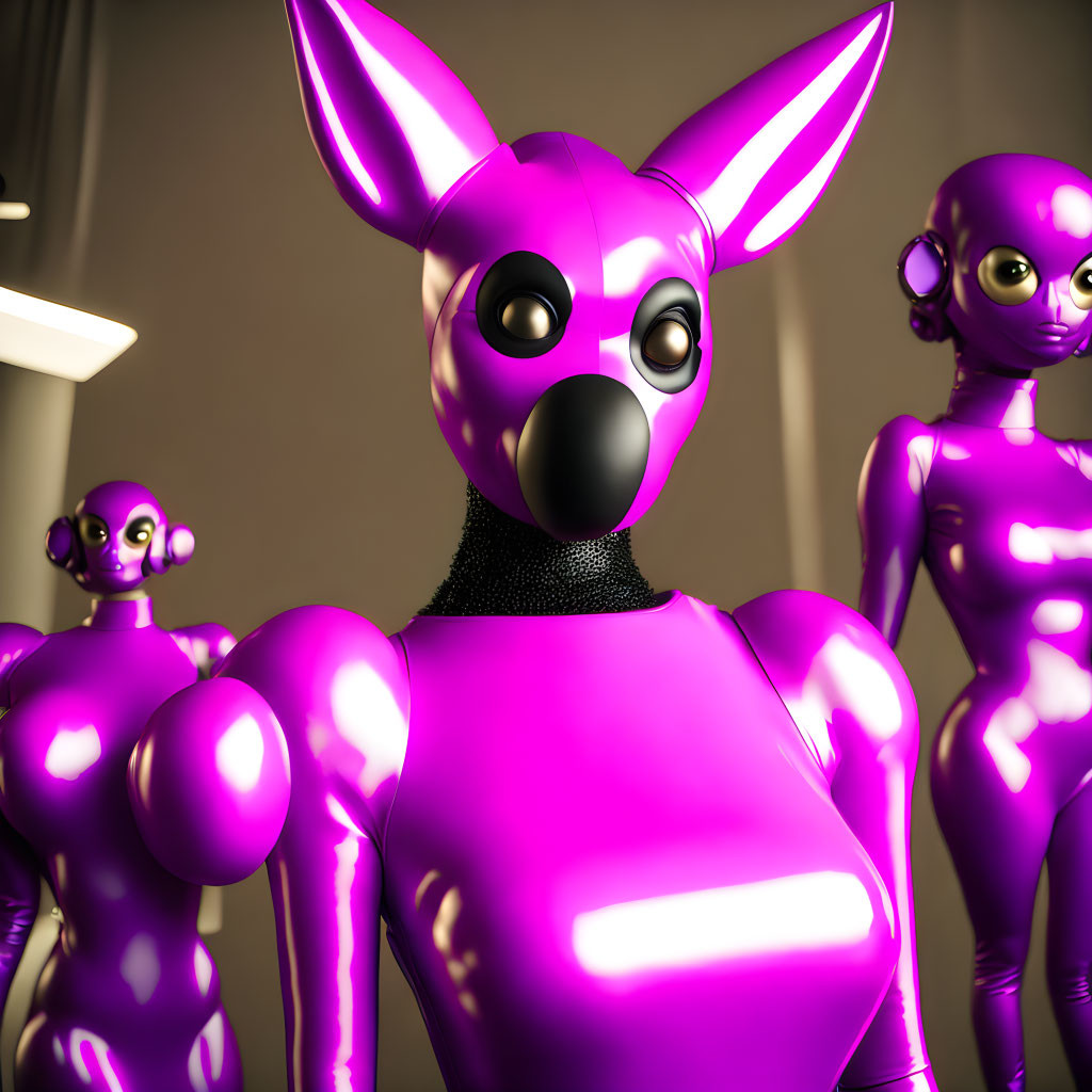 Glossy humanoid figures with animal-like features in reflective purple hue