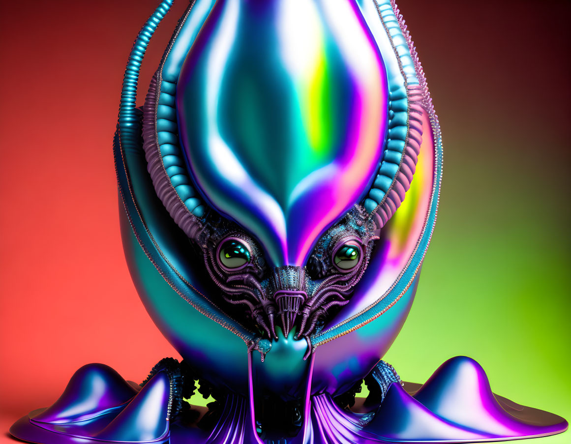 Iridescent alien creature with glossy eyes and tentacles on colorful backdrop