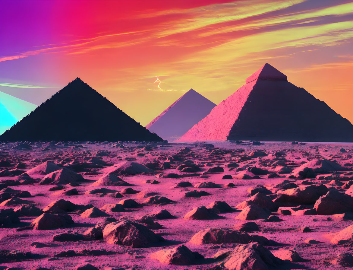 Surreal color-altered photo of Egyptian pyramids under vibrant sky