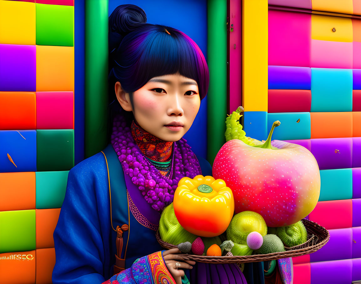 Colorful Woman with Blue Hair Holding Stylized Fruit Basket