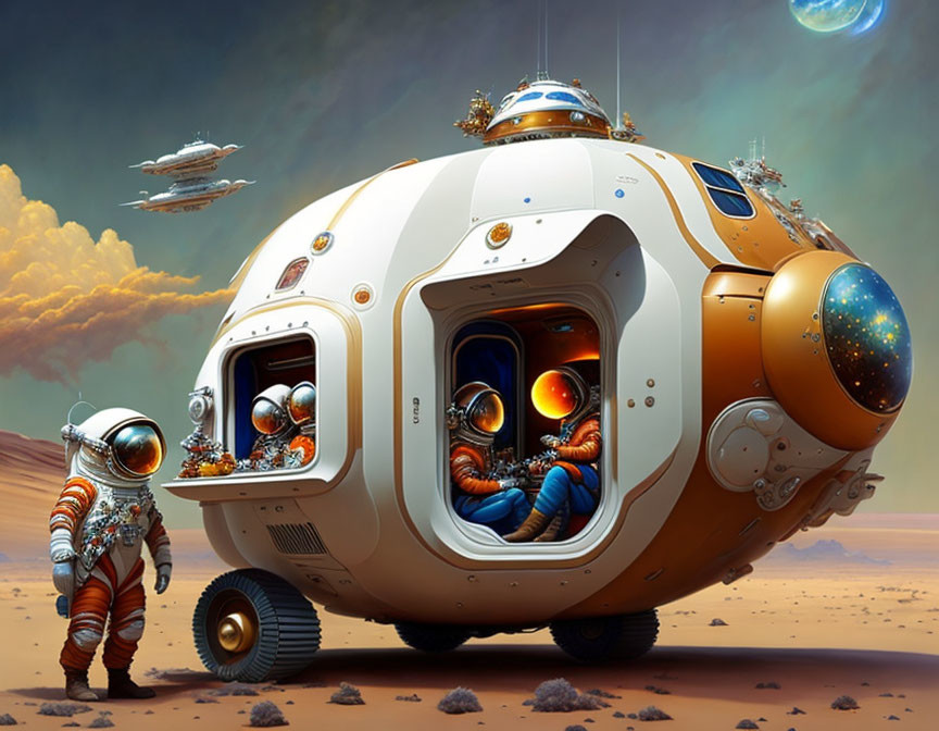 Astronauts on alien desert with futuristic vehicle and spaceships