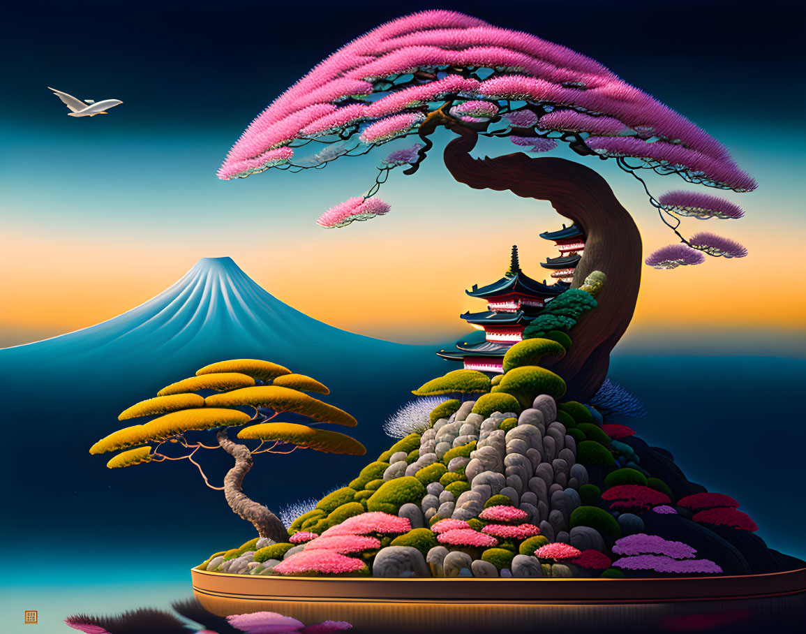 Colorful Tree Island with Oriental Pagodas and Serene Mountain View