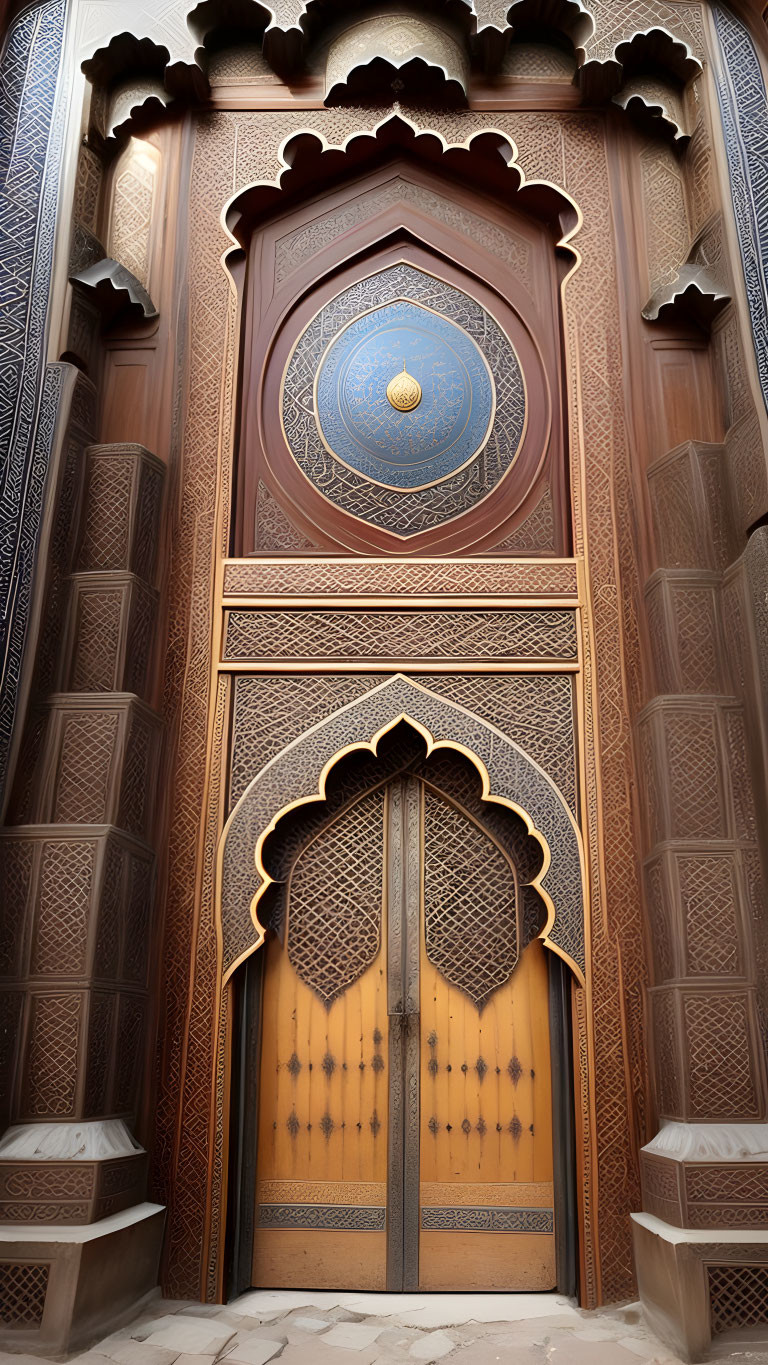 Intricate Arabic patterns on wooden door with blue circular design in stone building