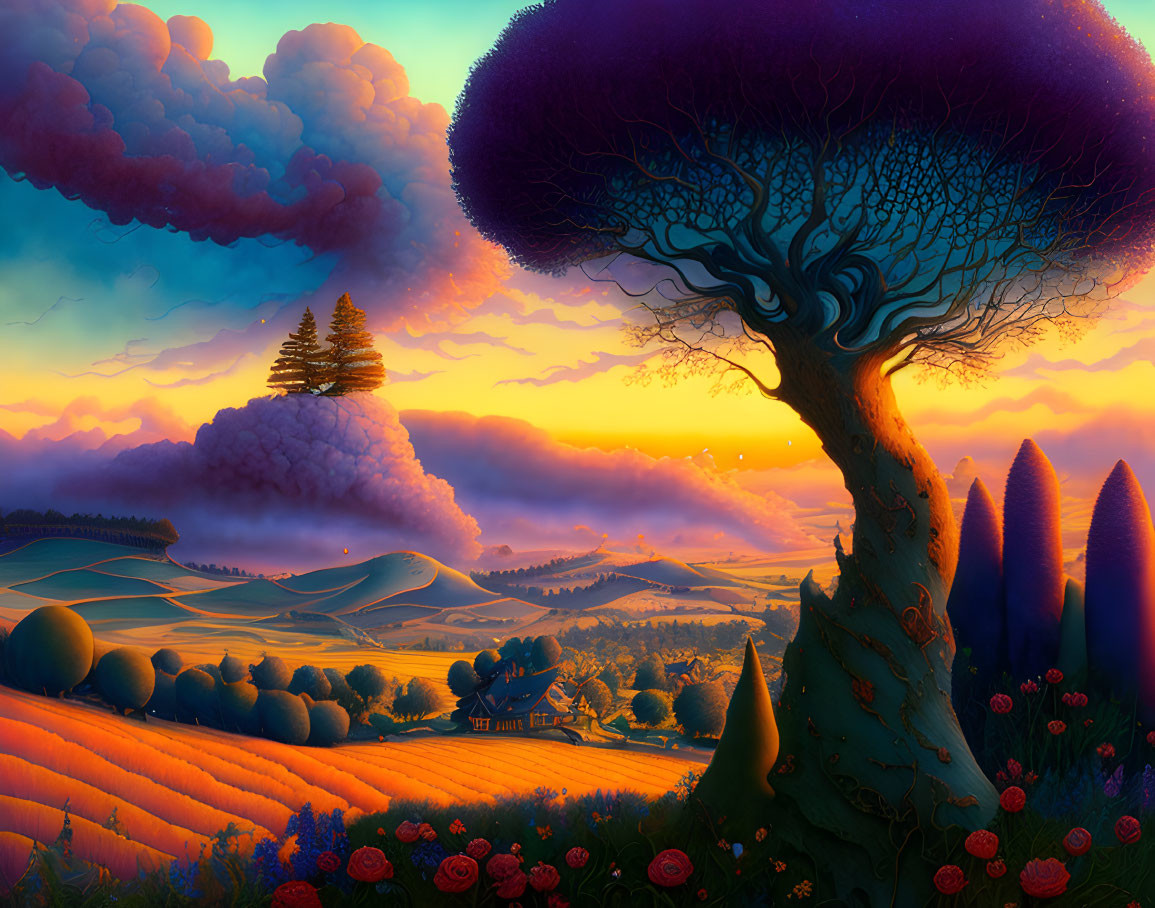 Colorful Sunset Landscape with Unique Tree and Rolling Hills