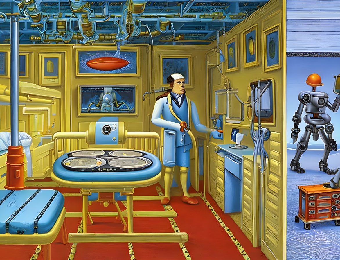 Futuristic room with blue and yellow walls, humanoid robot, male figure in white uniform, and