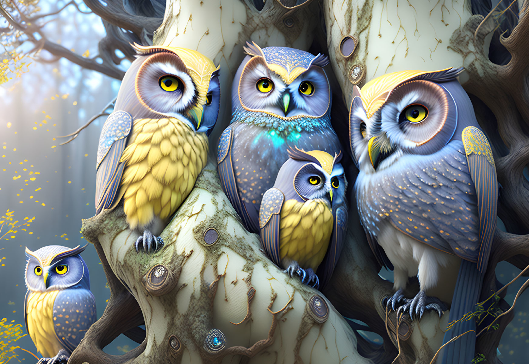 Colorful Digital Art: Five Owls on Fantasy Tree Branches