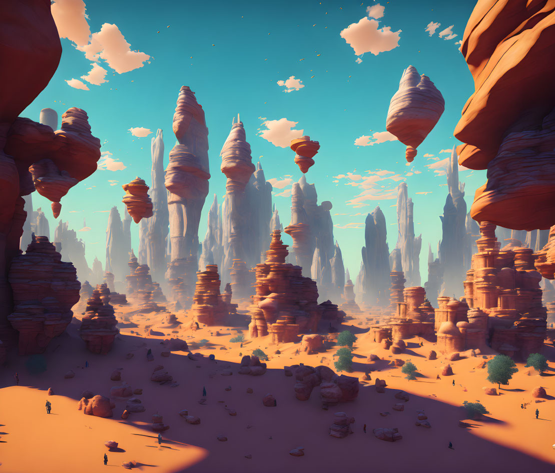 Surreal desert landscape with towering rock formations