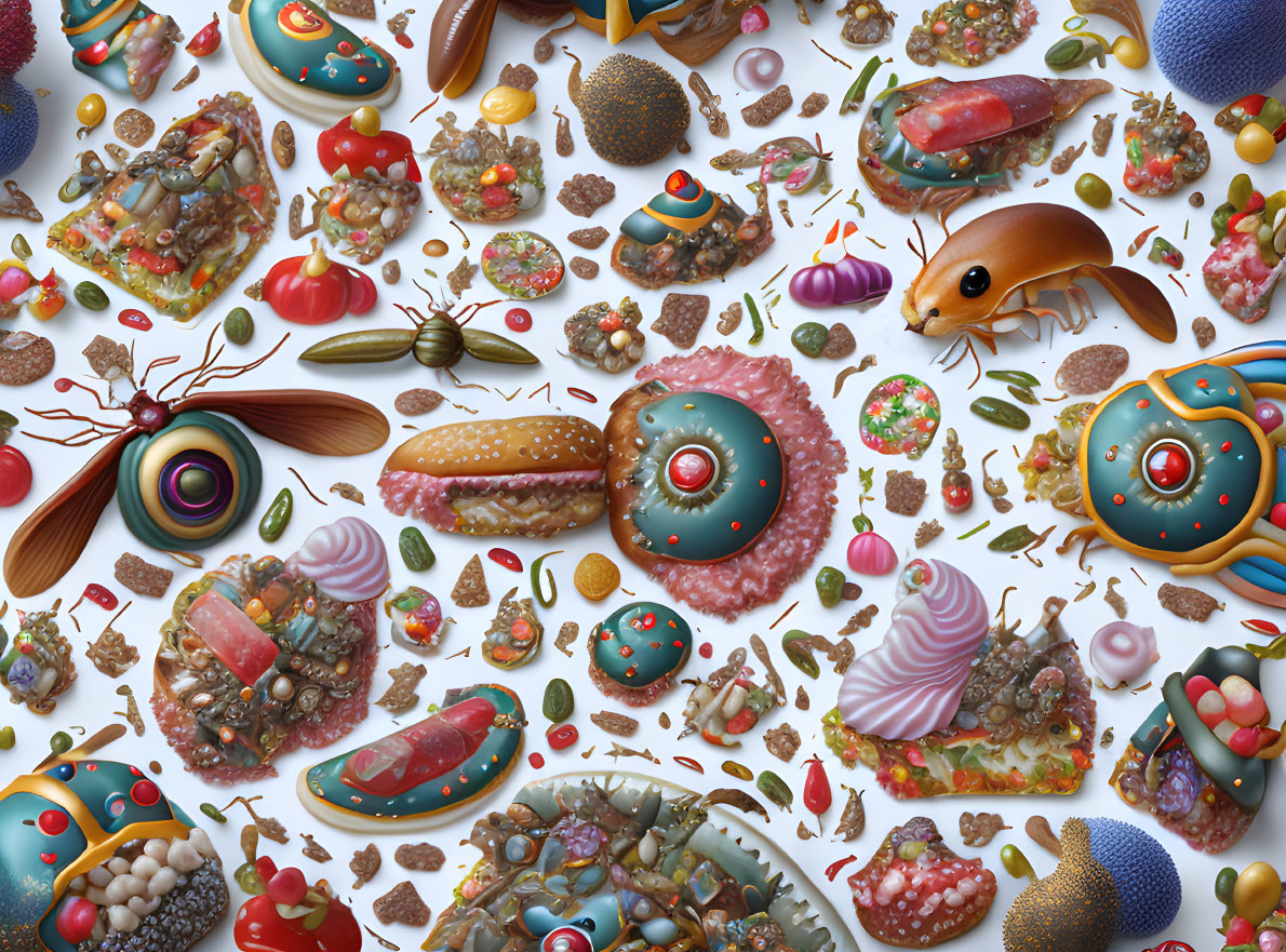 Colorful Whimsical Creatures with Sweet and Jewelry-Like Textures on Light Background