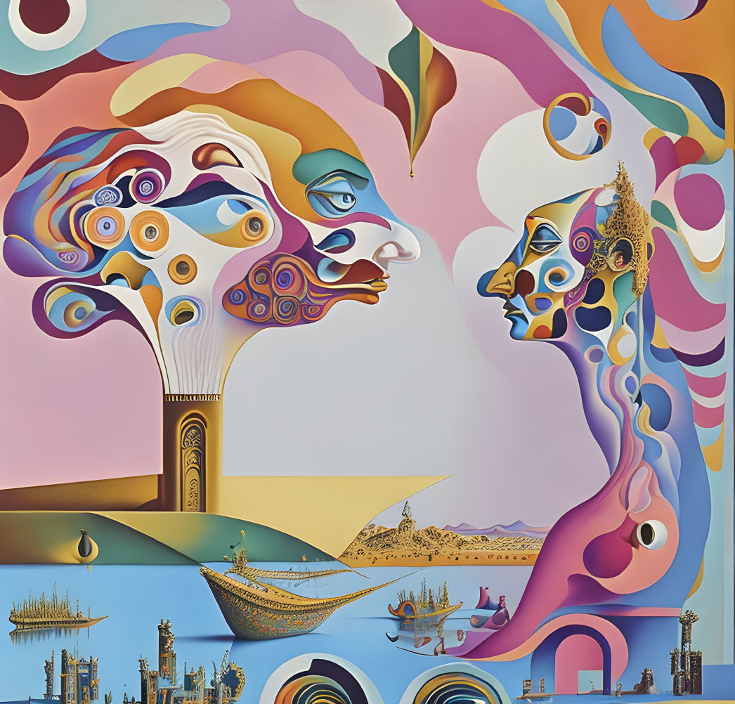 Vibrant surreal artwork: Faces blend with abstract shapes, featuring a landscape with architectural elements and boats