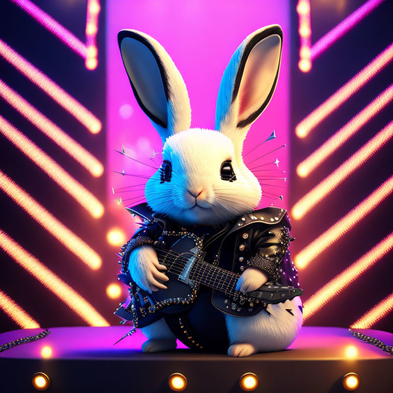 Animated Rocker Rabbit with Electric Guitar in Purple Stage Lighting