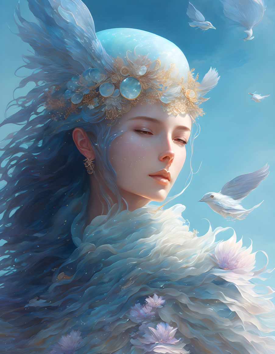 Woman in pale blue feathered attire with gold headdress under soft light, surrounded by floating feathers and