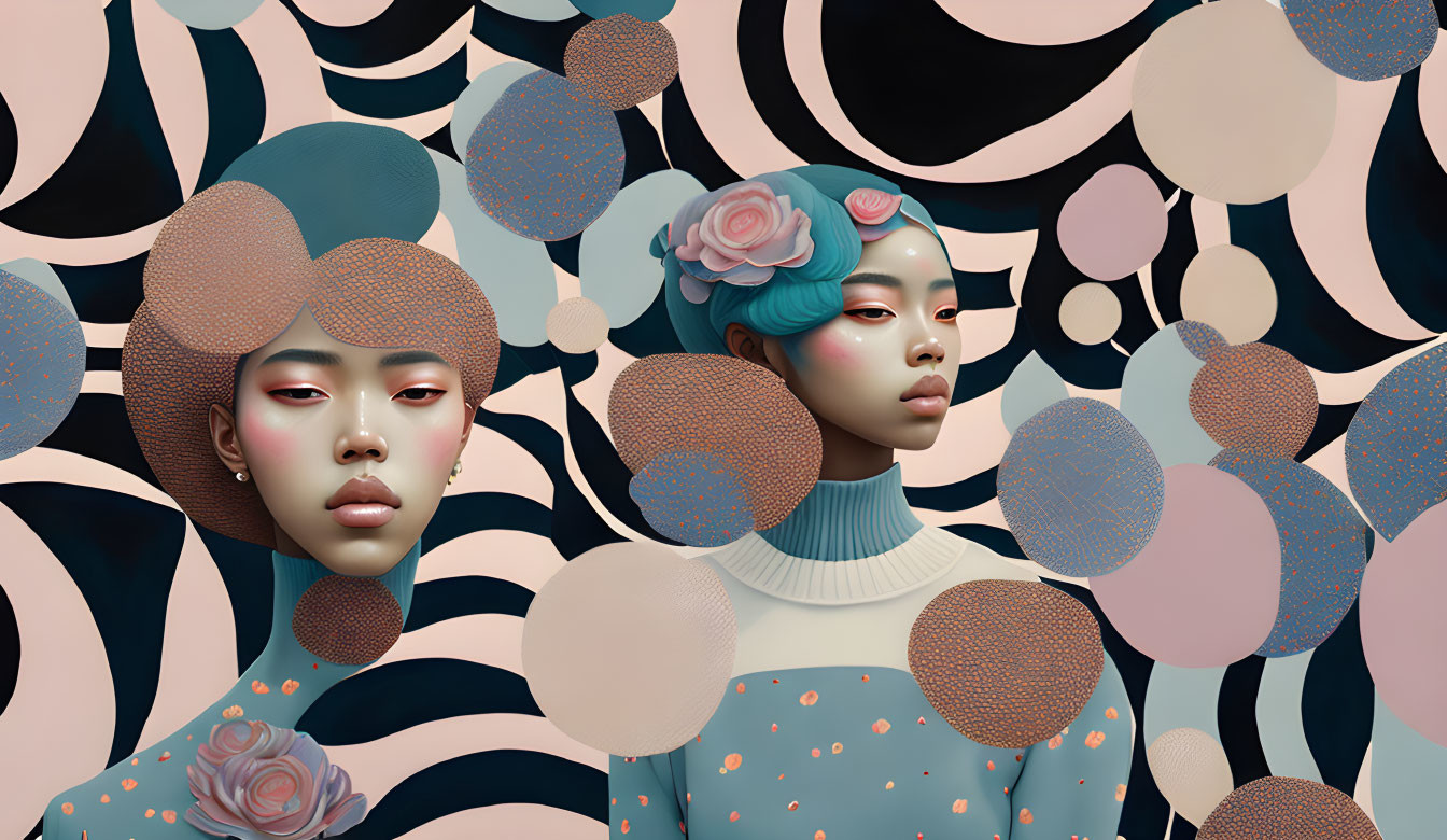 Stylized female figures in surreal pastel-toned composition