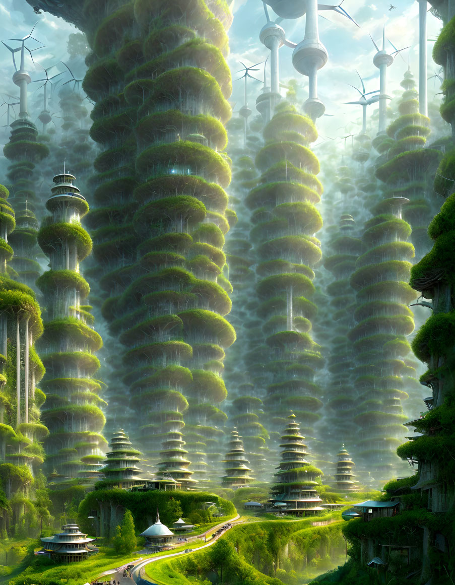 Futuristic cityscape with green spiral structures and wind turbines under hazy sky