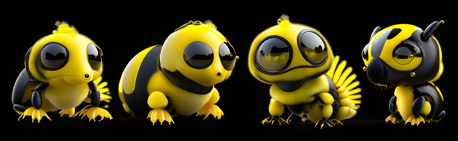 Four stylized cartoon bees with different expressions and poses on black background