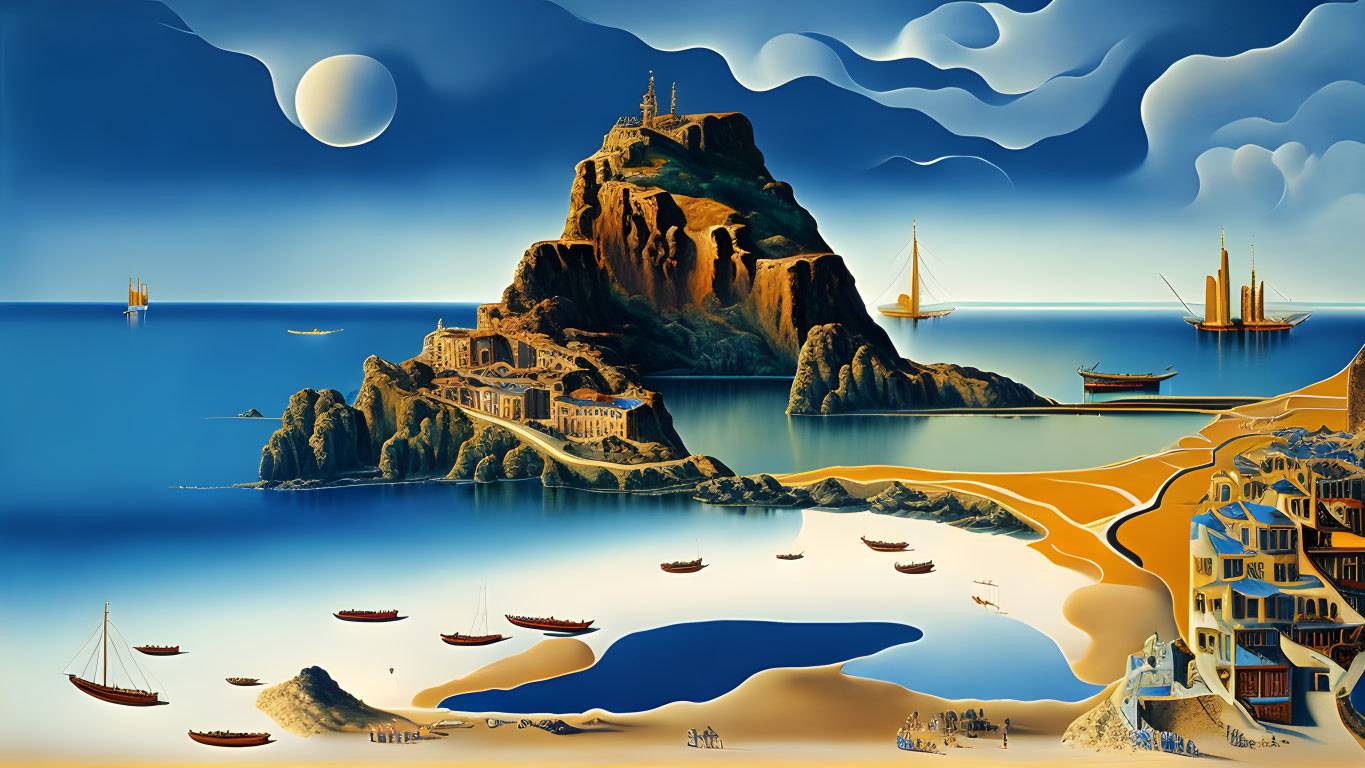 Fortified island with golden beaches and ships sailing under a surreal sky