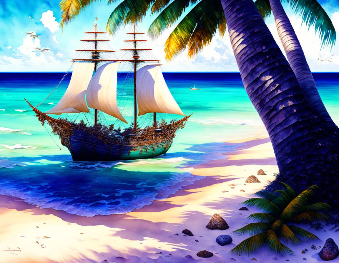 Traditional sailing ship near tropical beach with palm trees and clear blue sky